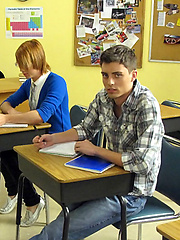 Two twinks in detention start sucking each other after teacher leave the class