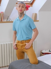 Skinny latino twink Archi Gold shows his big uncut cock