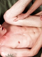 Skinny gay boys Julian Bell and Avery Jones fuck each other in Xmas caps