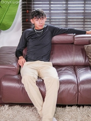 Skinny latino Andress Brown playing with his uncut dick