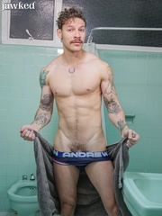 Andy Stevens in a shower