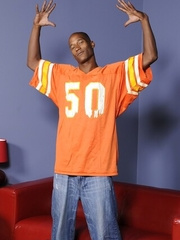 Ripped tall black dude Billy Long strips & shows his six pack and huge black dick