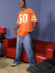 Ripped tall black dude Billy Long strips & shows his six pack and huge black dick